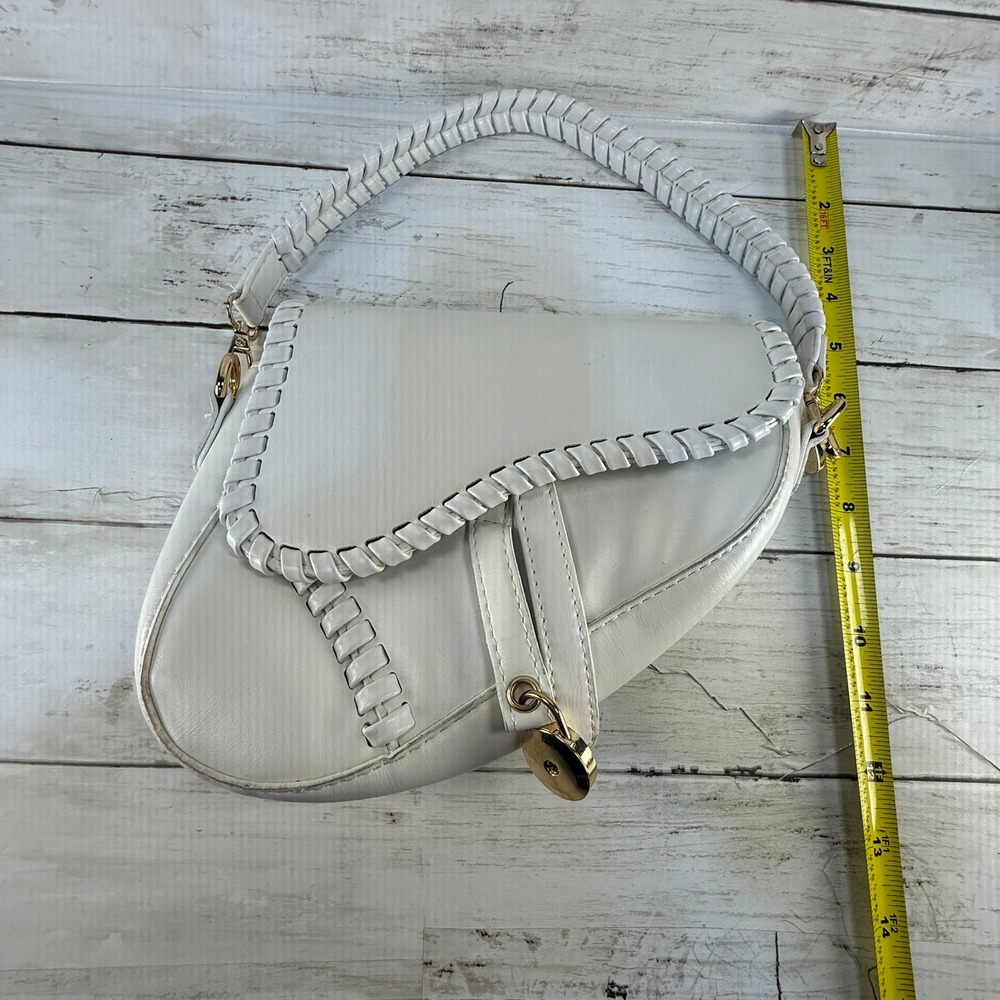 White Saddle Bag Whipstitch Braided Trim Gold Hardware Shoulder Handbag